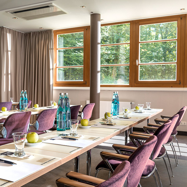 Seminarraum mit lila Stühlen, Holzfenstern und Blick ins Grüne
