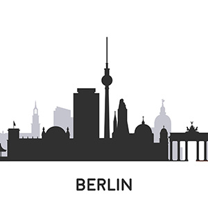 Schwarze Skyline von Berlin mit bekannten Wahrzeichen als Silhouette auf weißem Hintergrund