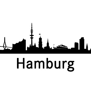 Silhouette von Hamburg mit markanten Bauwerken wie Elbphilharmonie, Michel, Fernsehturm und Hafenkran