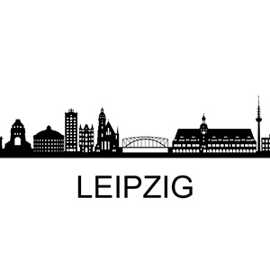 Schwarze Skyline von Leipzig mit bekannten Bauwerken und Schriftzug „Leipzig"