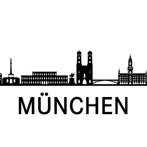 Schwarze Skyline von München mit bekannten Wahrzeichen und Schriftzug „München“