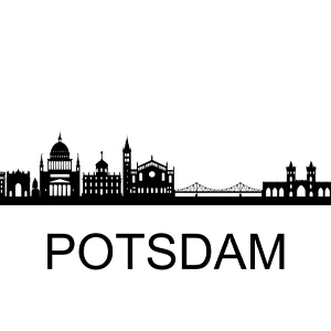 Schwarze Skyline von Potsdam mit Wahrzeichen und Schriftzug „Potsdam“