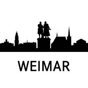 Schwarze Skyline von Weimar mit Goethe-Schiller-Denkmal und Schriftzug „Weimar“